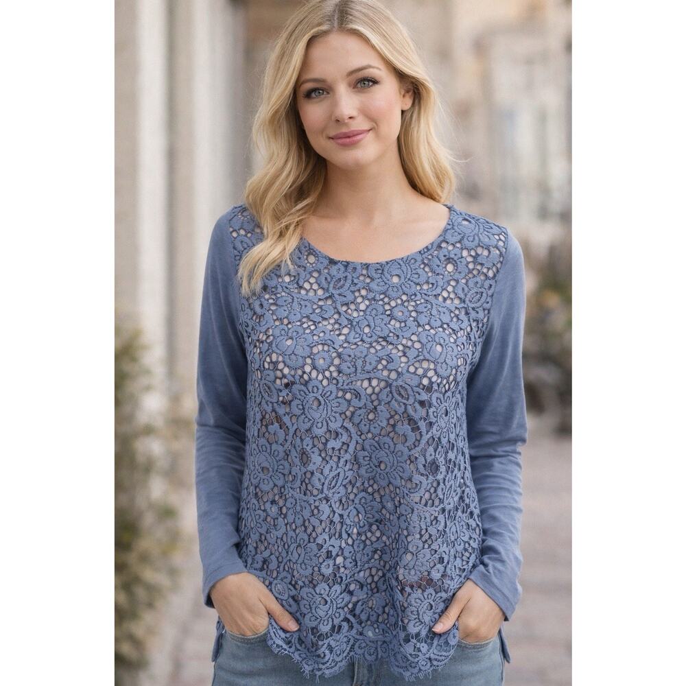 Sundance Ariadna Blue Lace Overlay Shirt Linen Sleeves Size Small